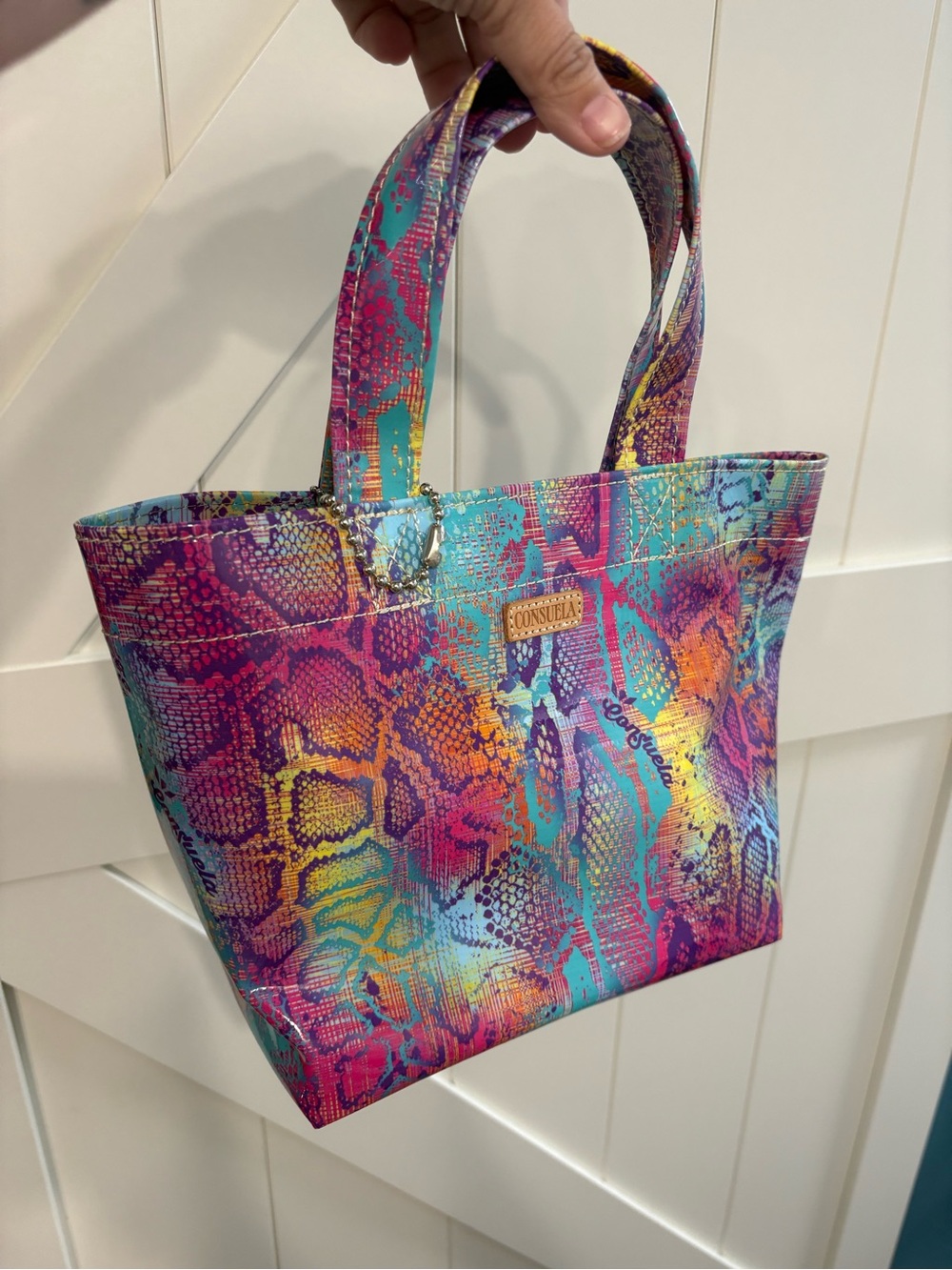 Consuela Rainbow Snake-Print Tote in Turquoise, Pink & Yellow